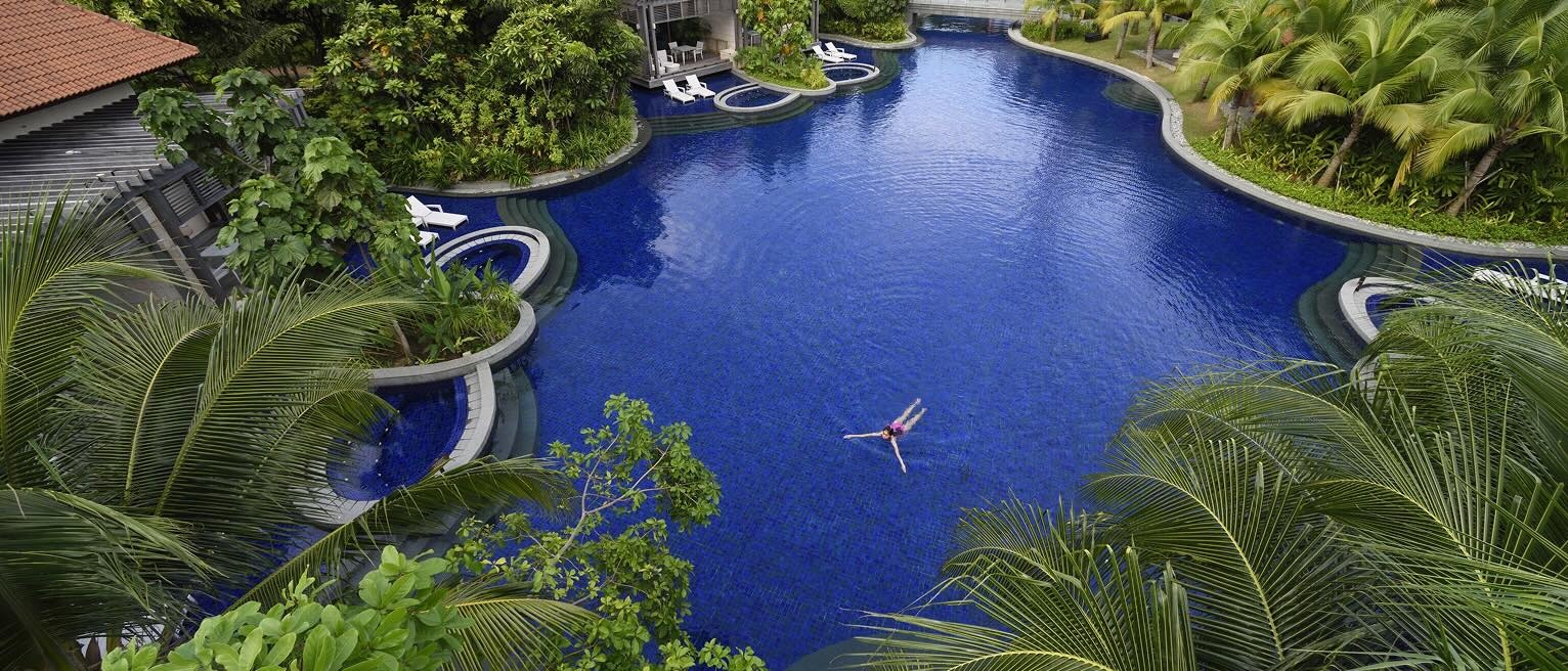 Une grande piscine au milieu d’arbres verdoyants, créant un espace extérieur serein et accueillant.