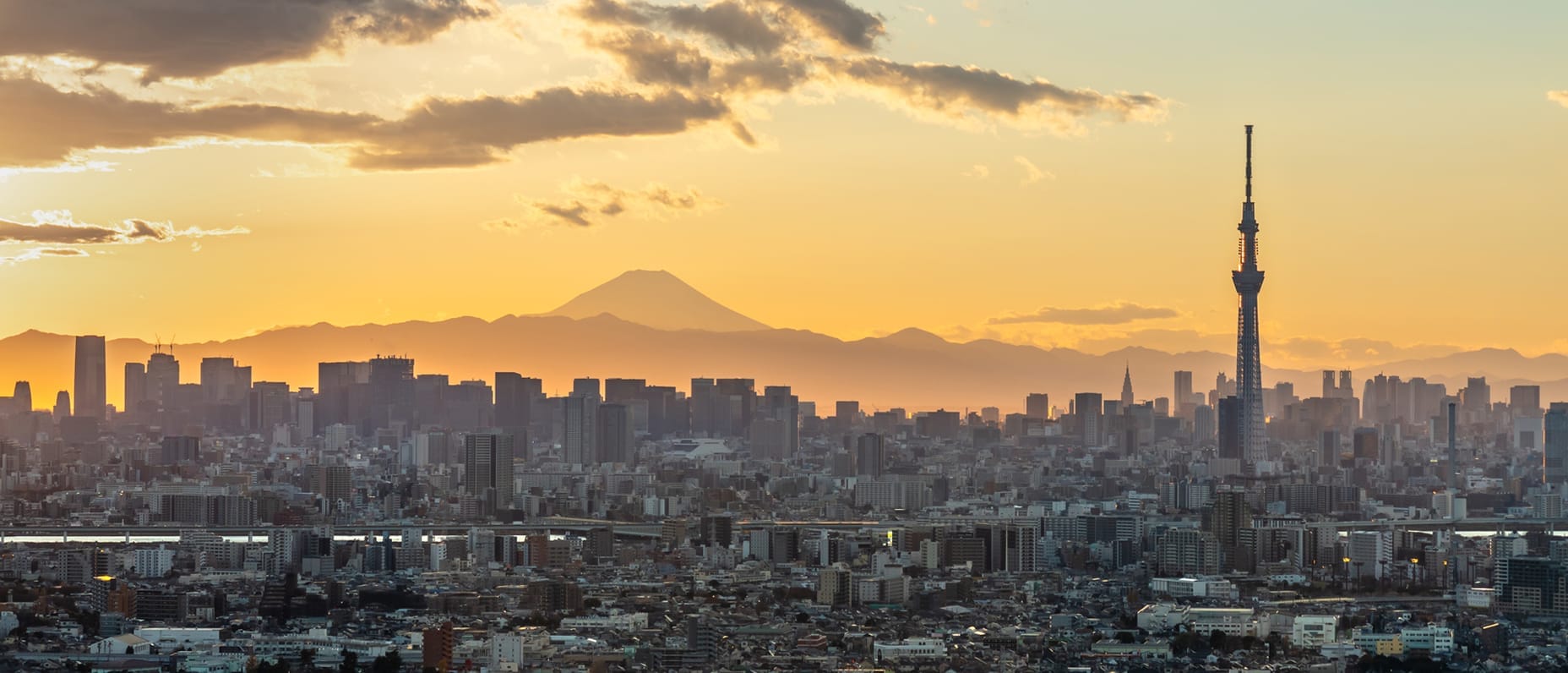 Cityscape of Tokyo at sunset with the Tokyo Skytree in silhouette and Mount Fuji in the distant background under dramatic clouds.