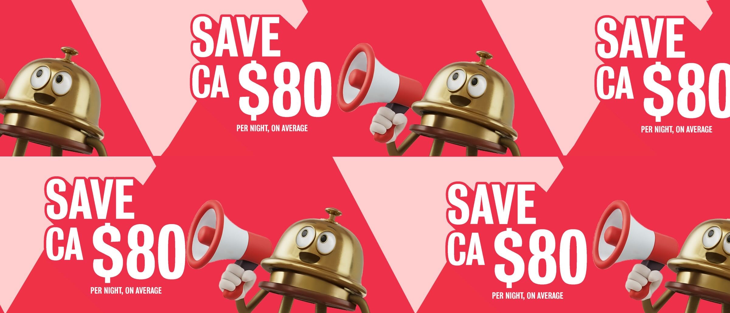Promotional graphic with Bellboy character holding a megaphone, repeated across a red background