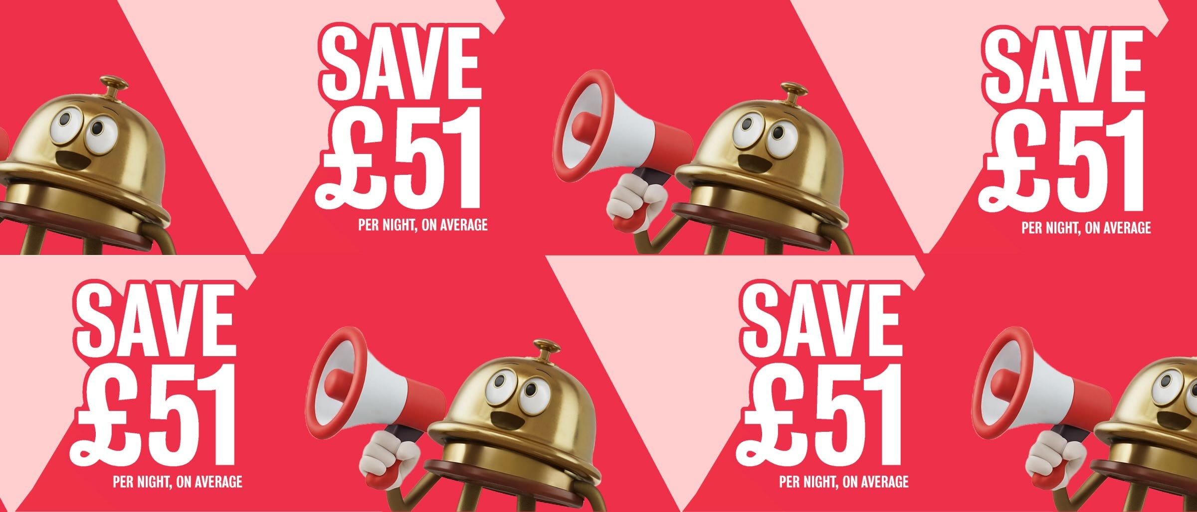 Promotional graphic with Bell Boy character holding a megaphone, repeated across a red background