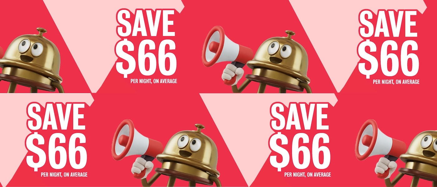 Promotional graphic with Bell Boy character holding a megaphone, repeated across a red background