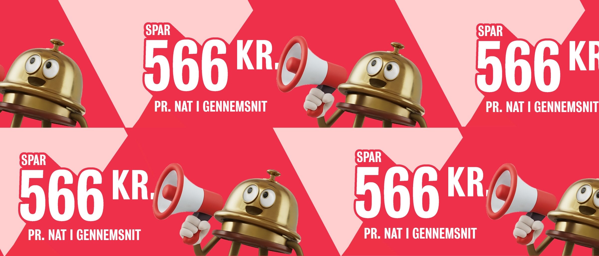 Reklamegrafik med Bellboy-figur, der holder en megafon, gentaget på en rød baggrund