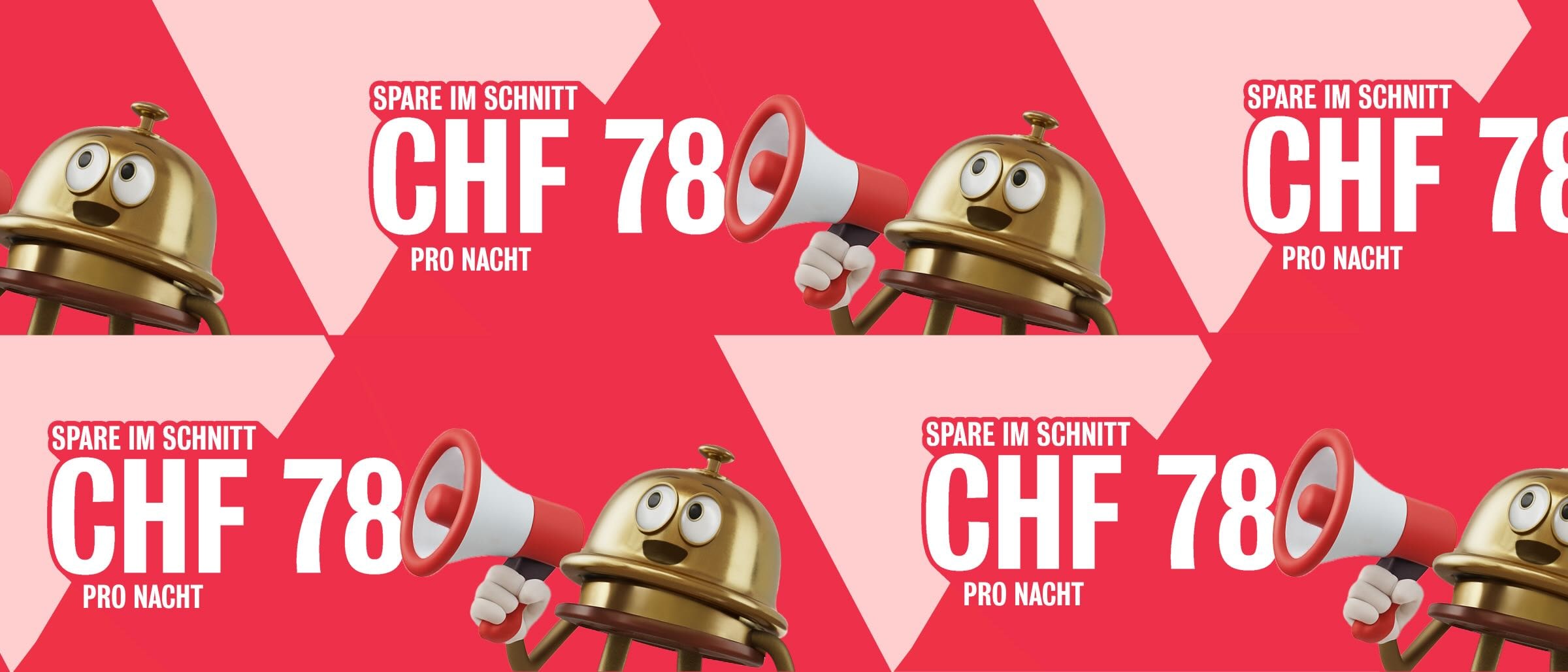 Werbegrafik mit dem Bellboy, der ein Megafon in der Hand hält, vor einem roten Hintergrund