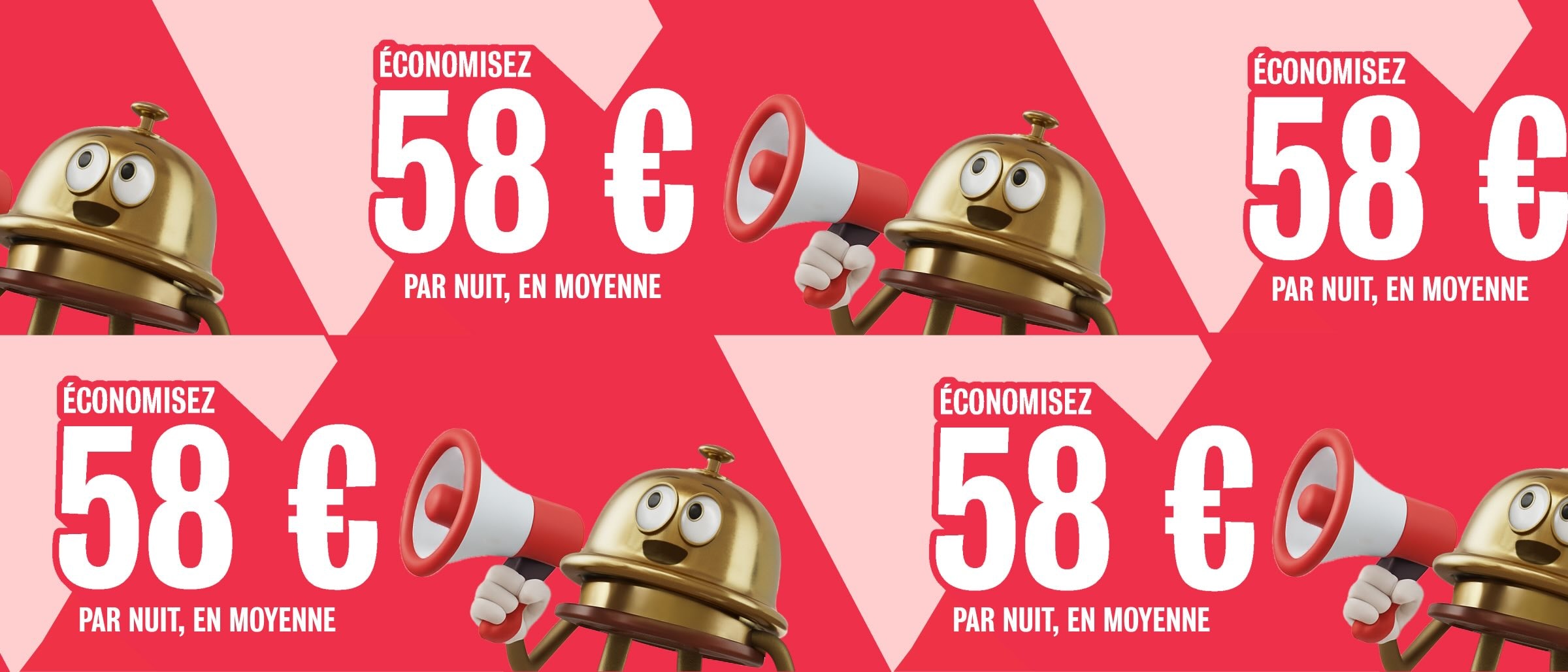 Graphique promotionnel avec le personnage Bellboy tenant un mégaphone, répété sur fond rouge