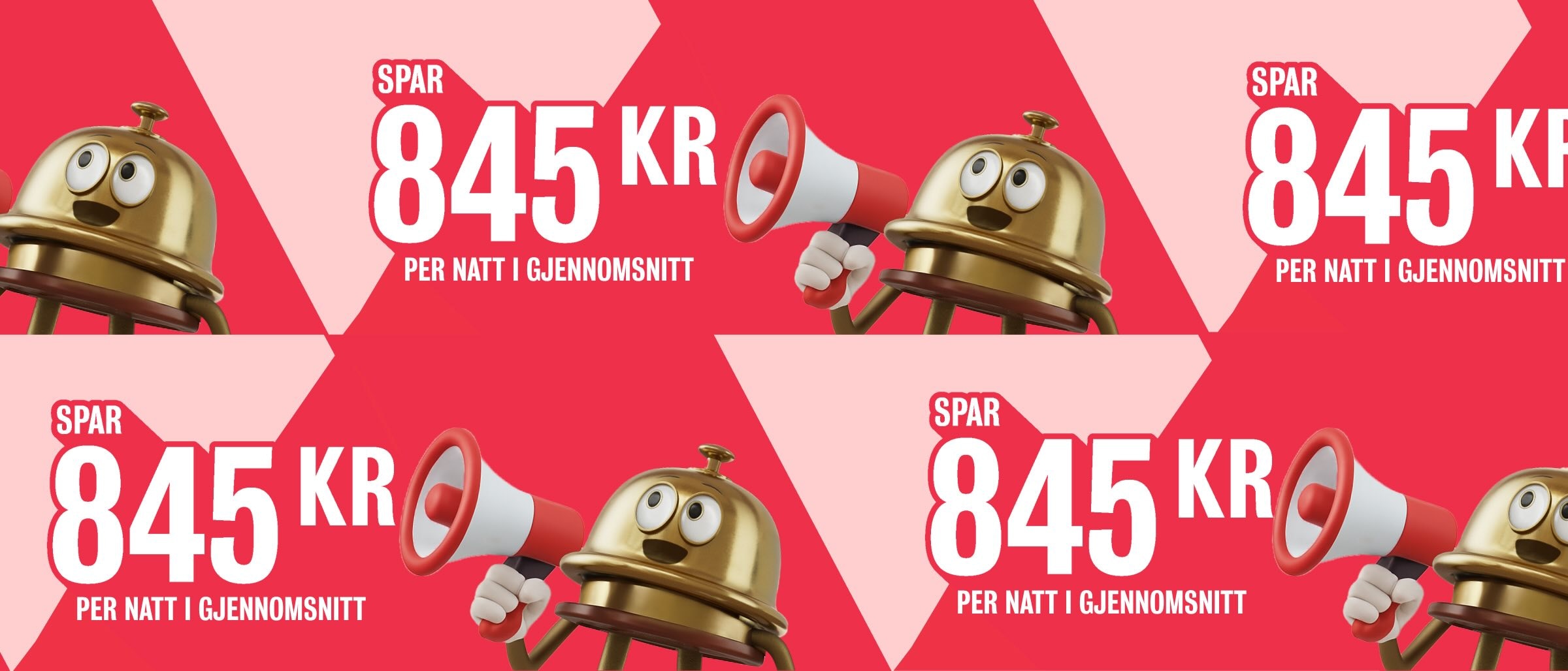 Reklamegrafikk med Bellboy-figur som holder en megafon, gjentatt på rød bakgrunn