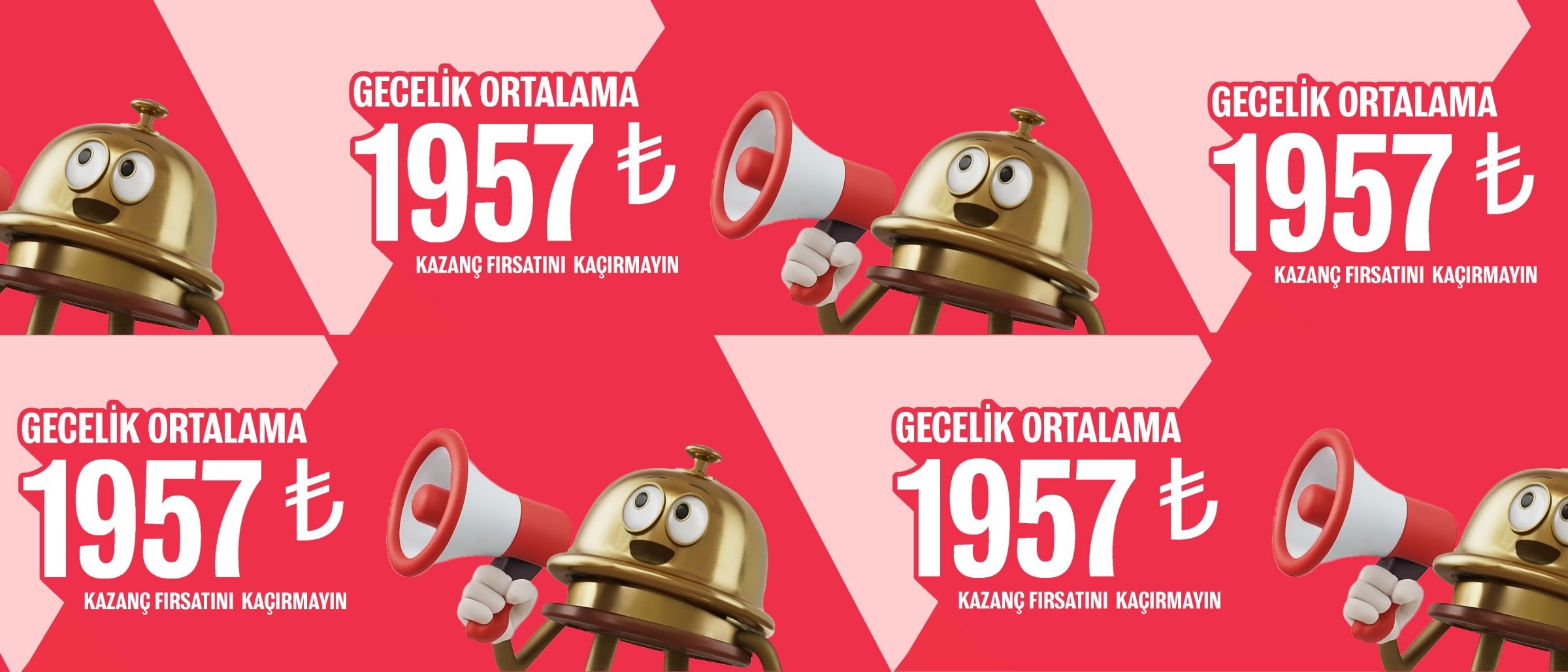 Kırmızı bir arka plan üzerinde tekrar eden, Bellboy karakterinin elinde bir megafon tuttuğu promosyon görseli