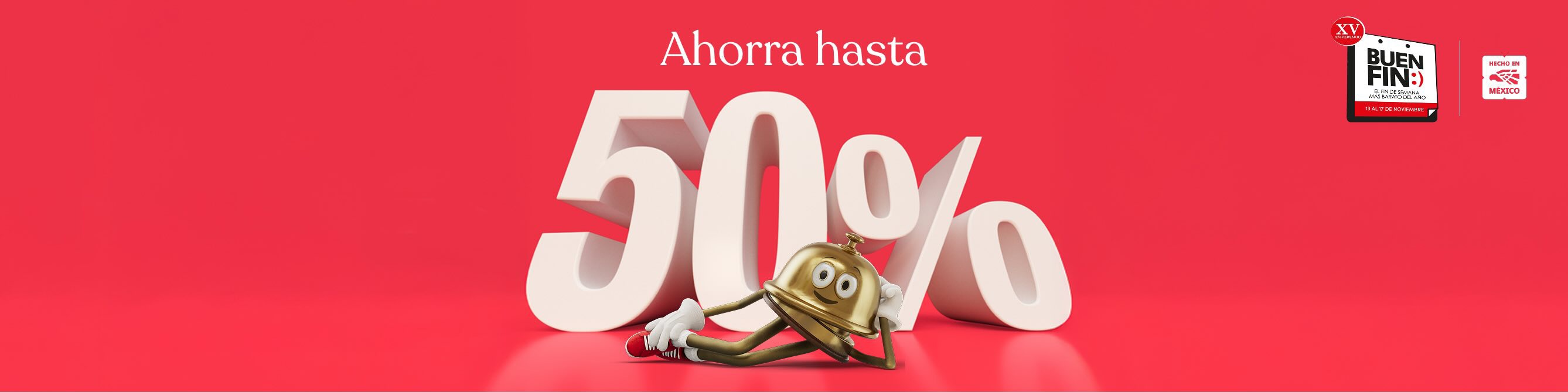 Bellboy, la mascota de Hoteles.com, recostado sobre la frase "Ahorra hasta 50%