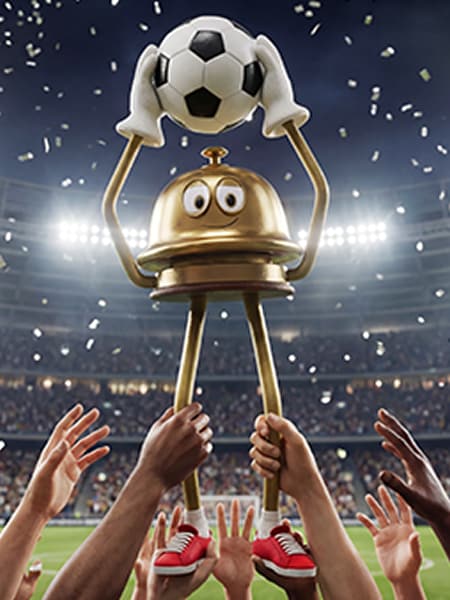 O mascote da Hoteis.com, o Bellboy, está sendo levantado em um estádio de futebol. O Bellboy está segurando uma bola de futebol nas mãos, como um troféu. 