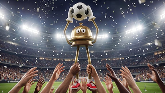 Hotels.com mascot, Bellboy, is held up high by hands in a soccer stadium. Bellboy holds a soccer ball in his hands like a trophy. 