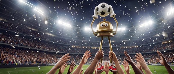 Hotels.com mascot, Bellboy, is held up high by hands in a soccer stadium. Bellboy holds a soccer ball in his hands like a trophy. 