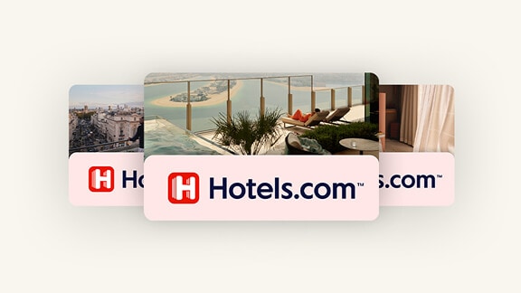 Three Hotels.com gift cards showing popular beach and city vacation destinations.