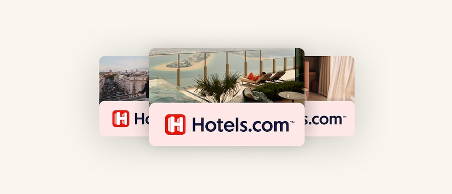 Three Hotels.com gift cards showing popular beach and city vacation destinations.
