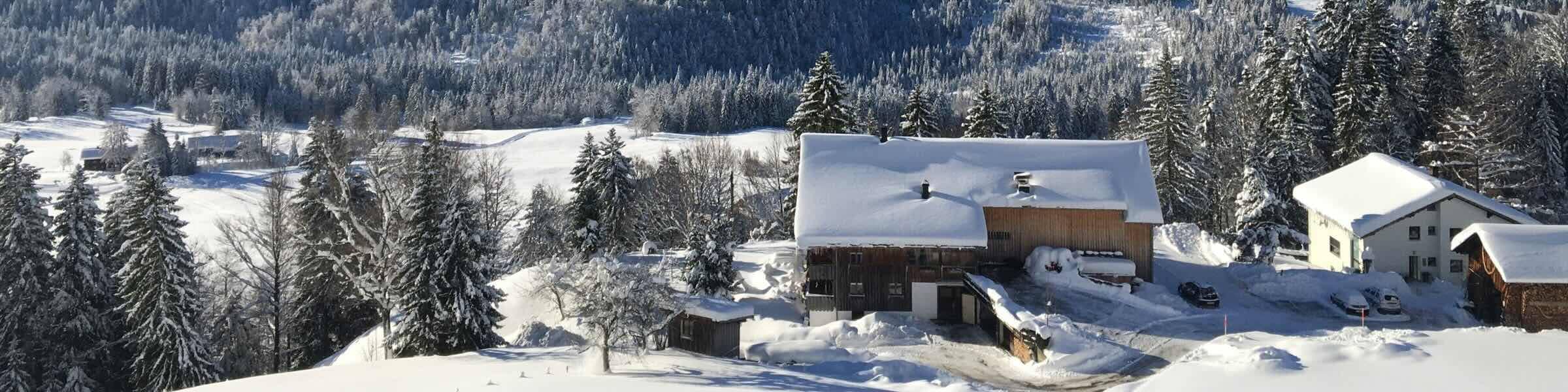 Chalet alpin accueillant à louer pour les vacances, niché dans une vallée enneigée, offrant une vue imprenable sur les montagnes et les pins recouverts de givre par une belle journée d’hiver.