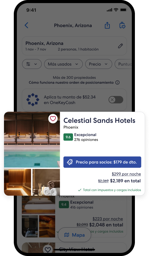 Pantalla de resultados de Hotels.com que muestra un precio para socios, la tarifa por noche y el precio total de un hotel.