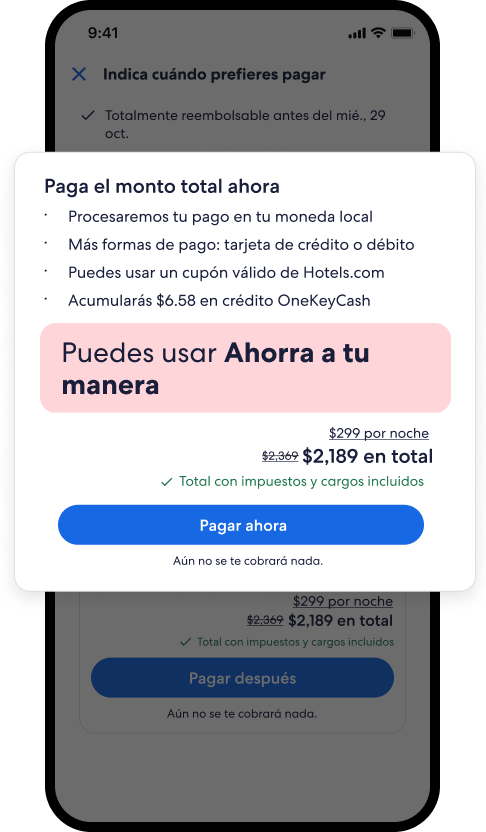 Pantalla de opciones de pago, oferta especial, precio total con impuestos y cargos, elegibilidad para Ahorra a tu manera y botón Pagar ahora.