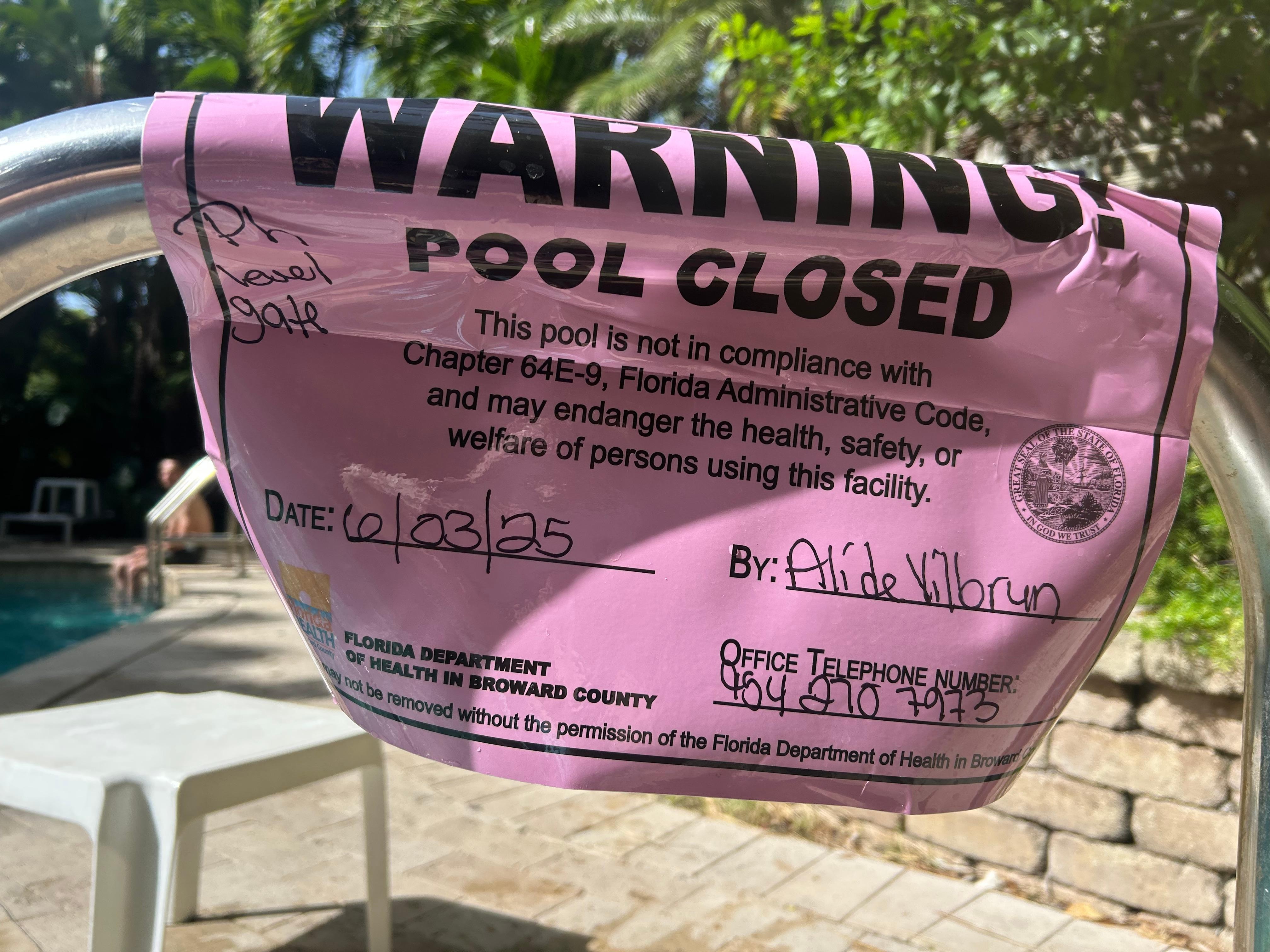 Health department sign on pool