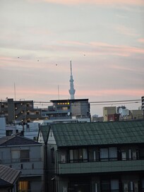 Evening view of the Skytree from Shiokaze Bridge.