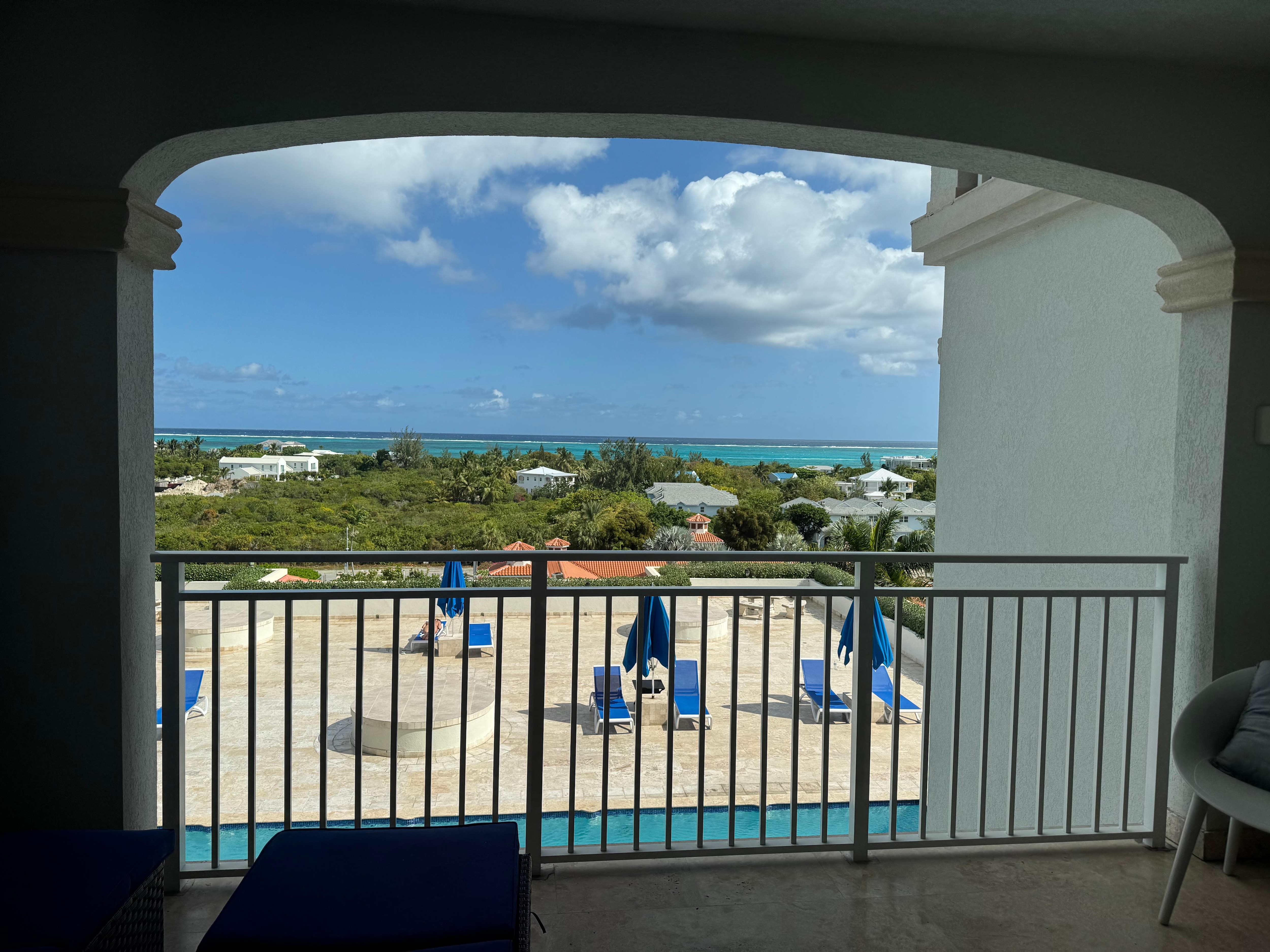 View from our balcony. Overlooked pool area and great sea views. The picture doesn’t do it justice. 