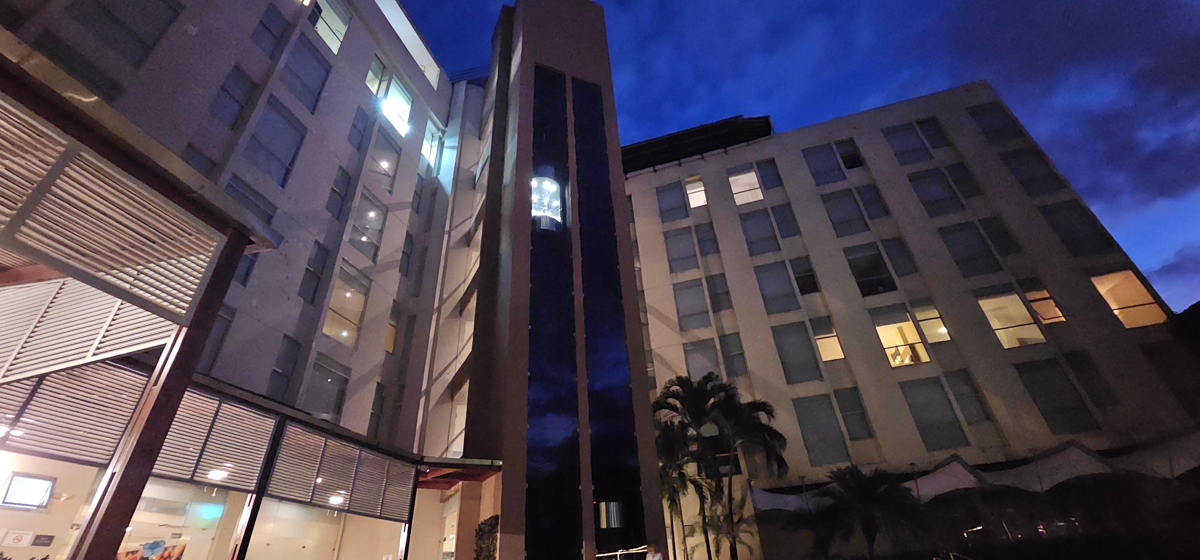 In th3 pool area at night