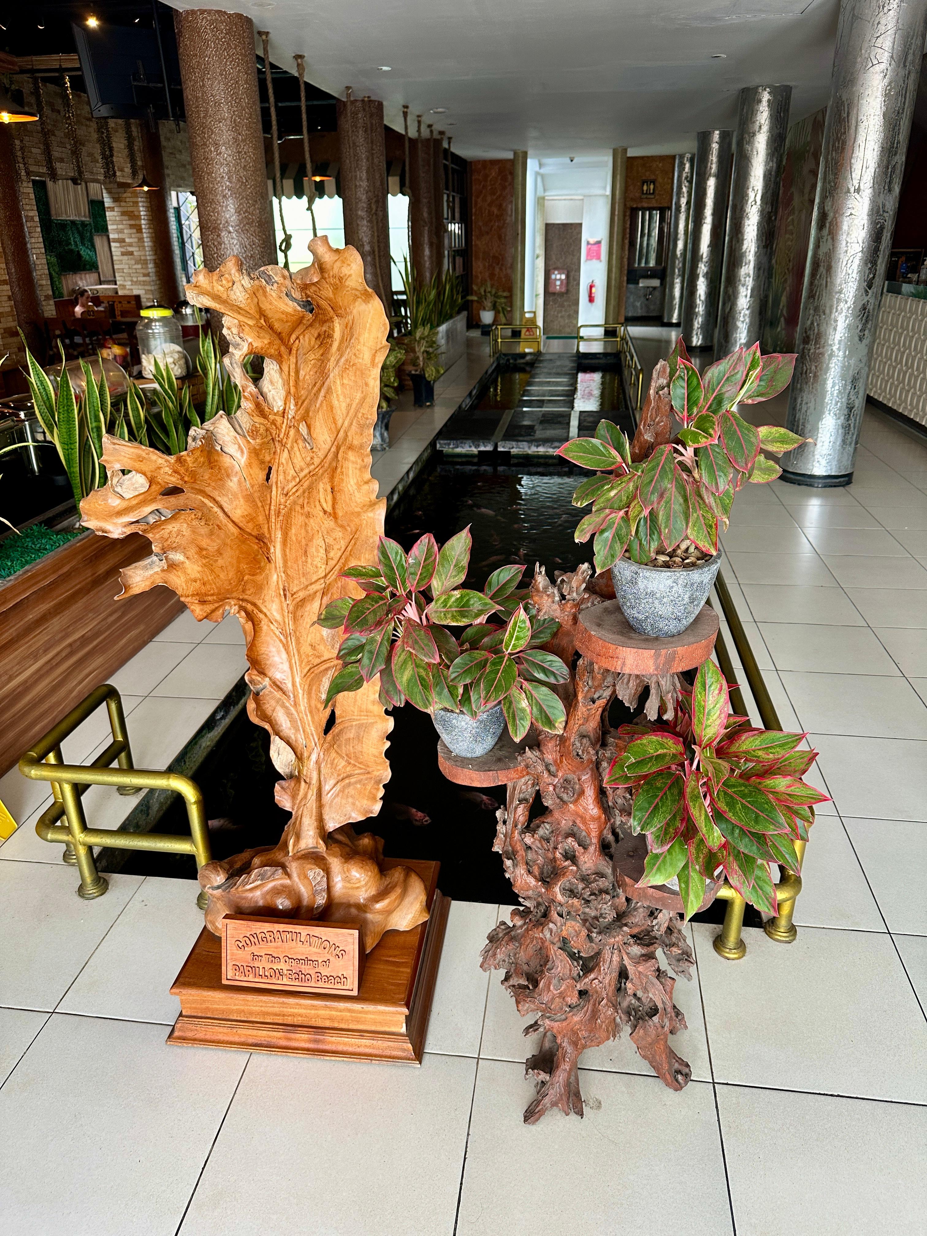 Hotel lobby with koi pond 