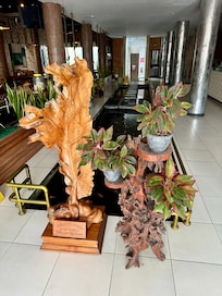Hotel lobby with koi pond