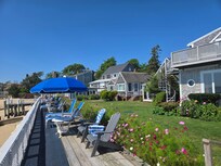 Deck with umbrellas and friendly folks