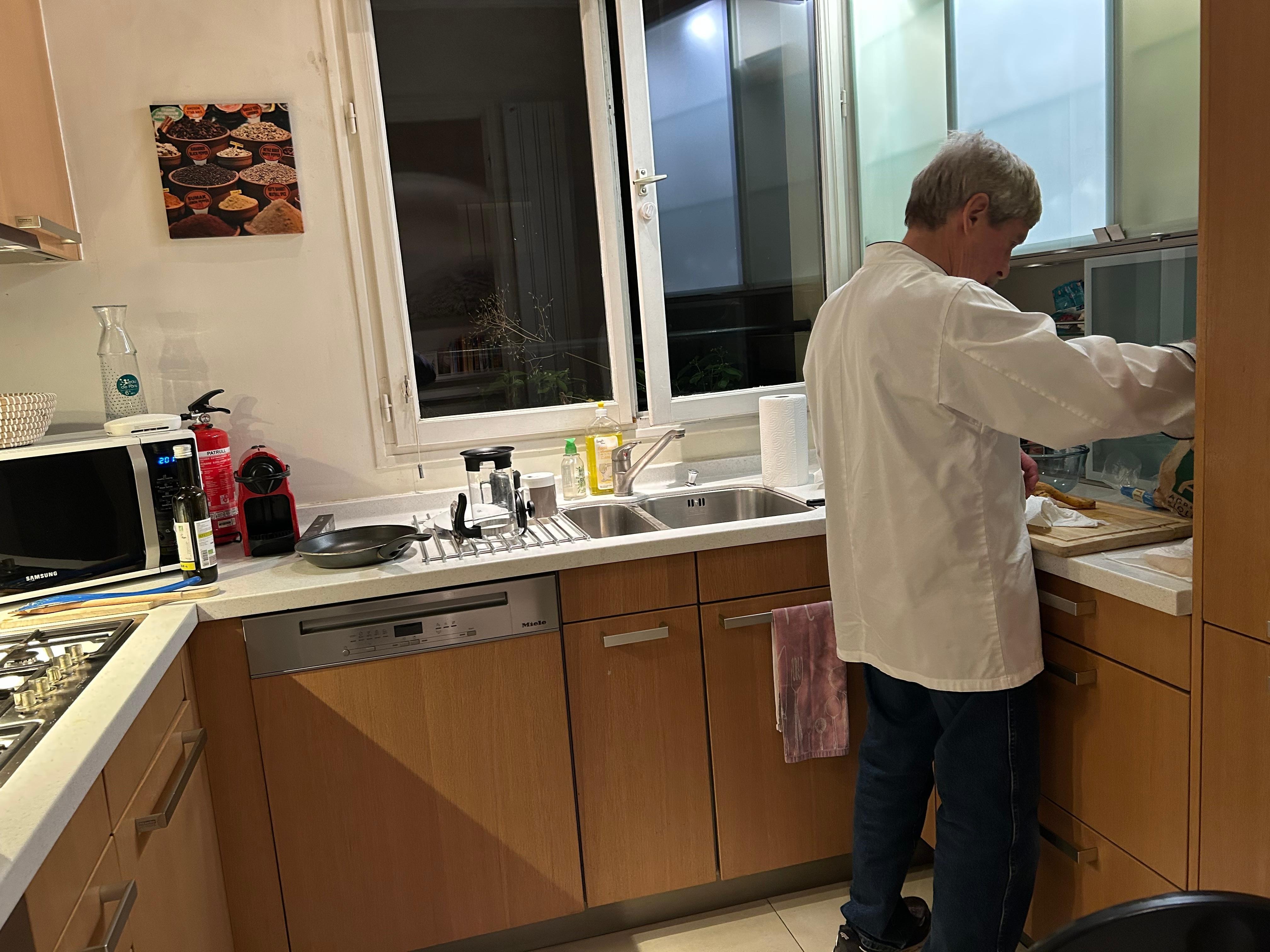 Kitchen well supplied for cooking with gas stove and oven.