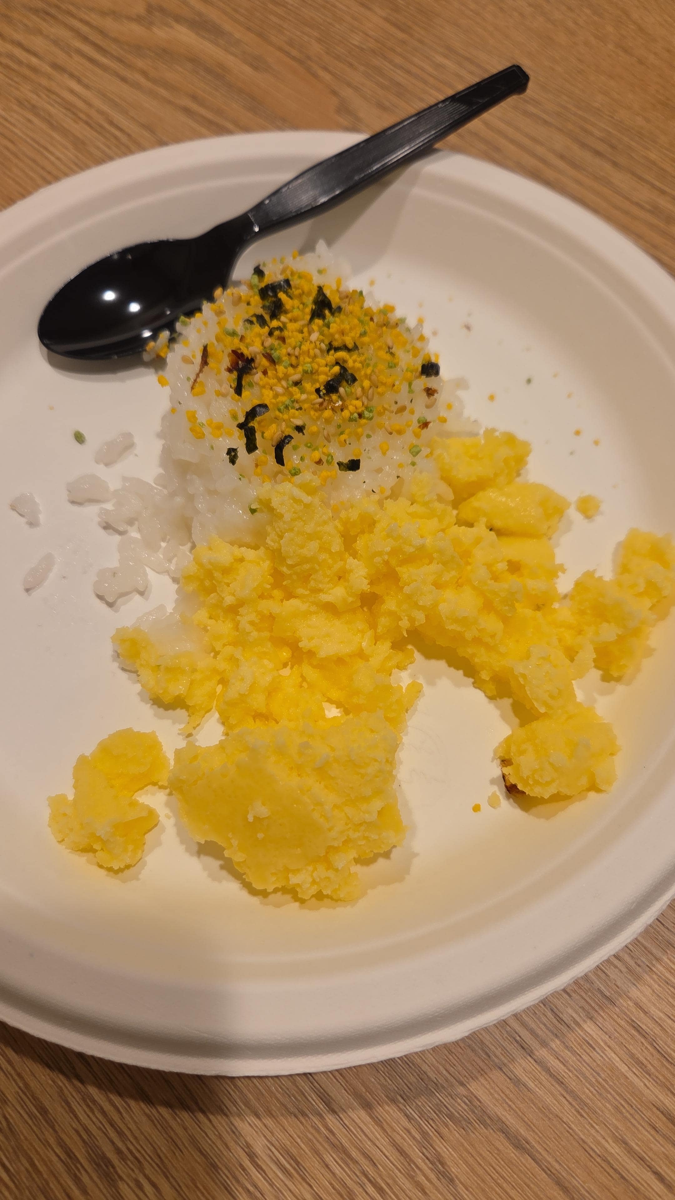 Rice and scrambled eggs at breakfast