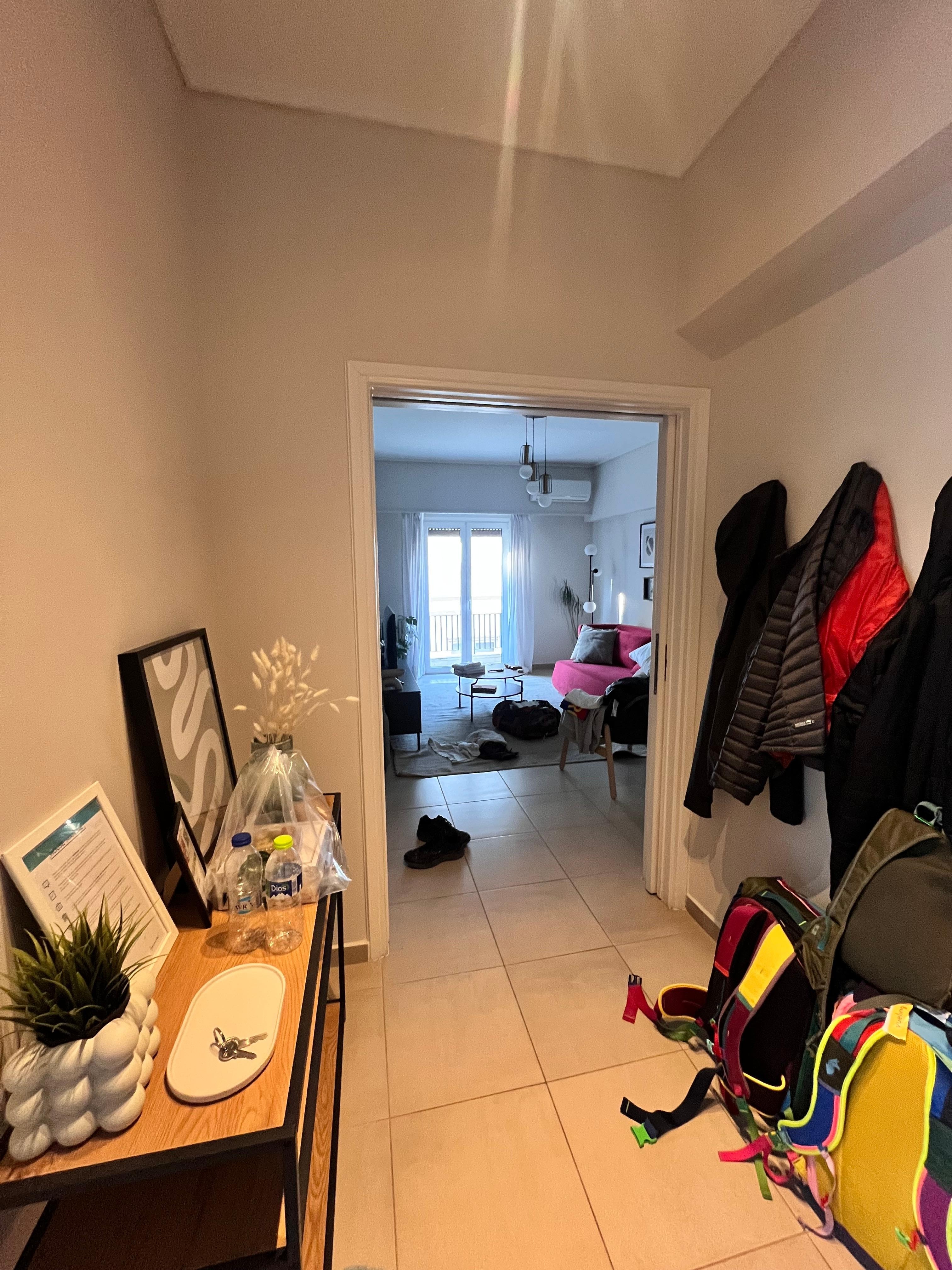 Entrance looking into living room - sofa bed converts and is comfortable. 