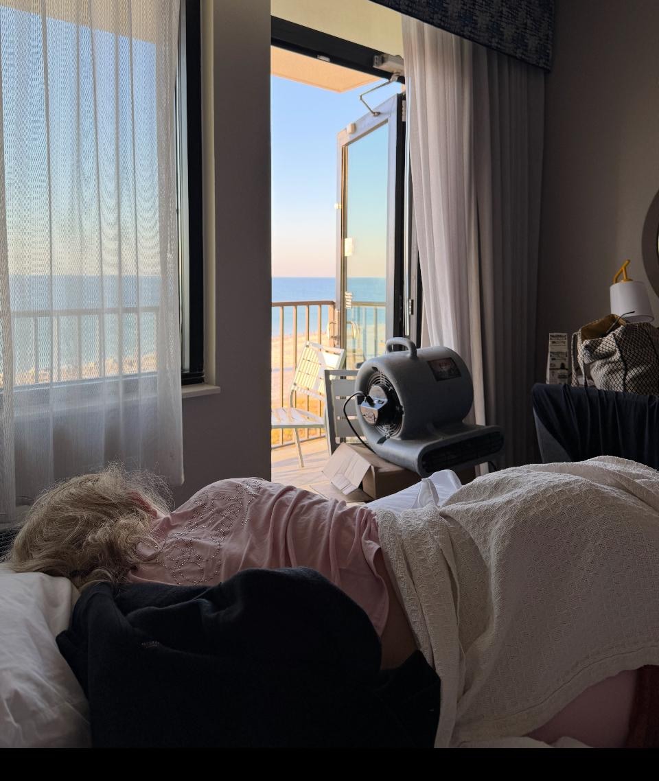 Dusty industrial fan that we had to put in an open door to bring in air, which was dangerous with four girls in a room