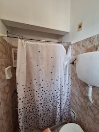 Even the shower curtain had mold and the top of the toilet bowl there was a loose peace of metal.