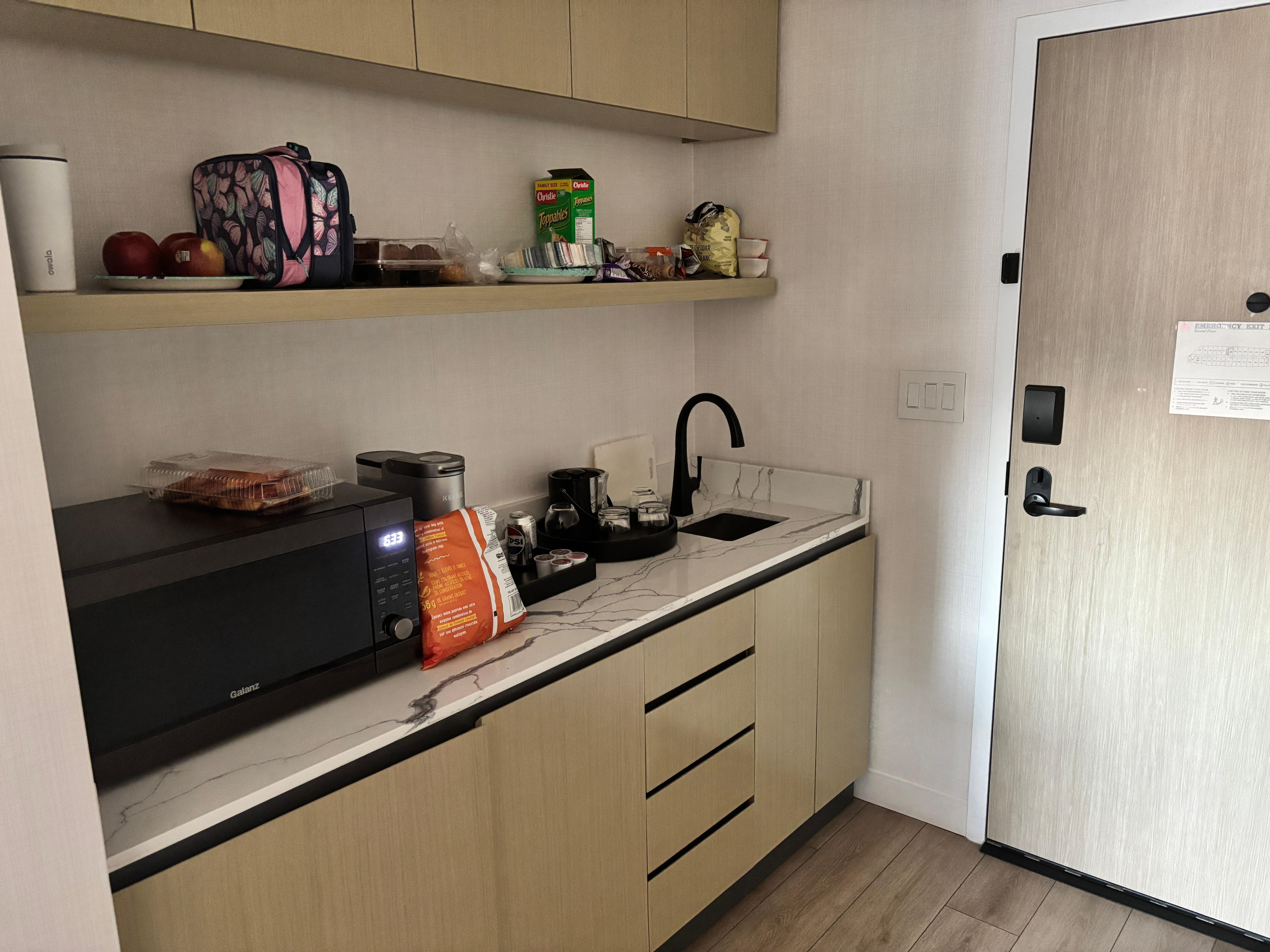 The kitchenette had lots of storage but the cupboards and drawers were empty. There is a small bar fridge. It would have been nice if it was a bit bigger.