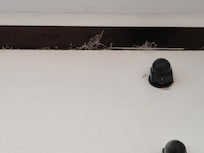 Dirt, dust and cat hair on the upper railing supporting the barn door in upstairs bath