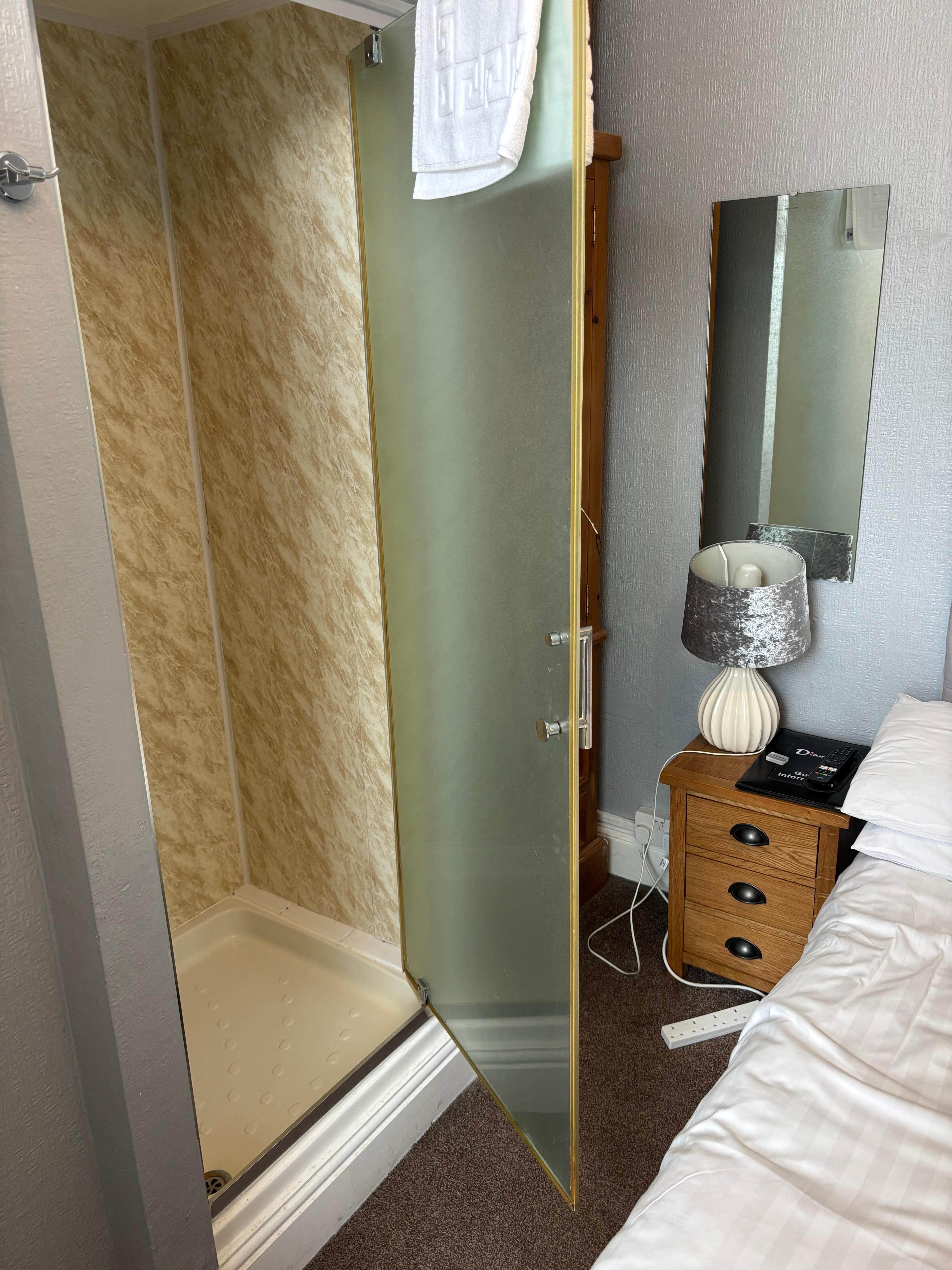 Shower right next to the bed