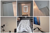 Tür zwischen Wohnzimmer und Schlafzimmer, fehlende Leisten, Kabel und offene Steckdosen. Geschirrtuch mit Flecken