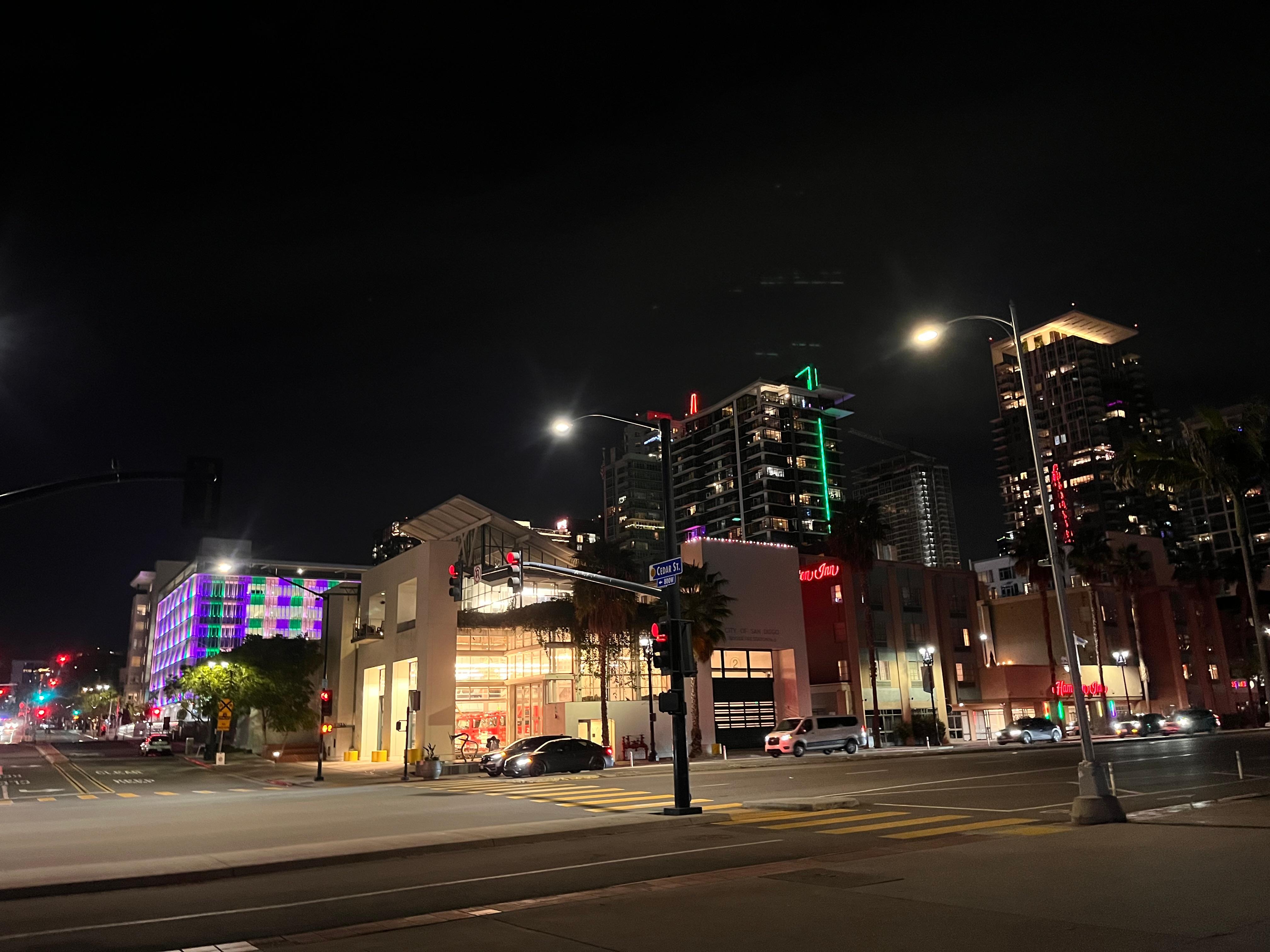 View of hotel and corner fire station 