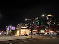 View of hotel and corner fire station