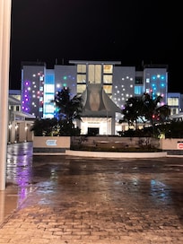 Front view of hotel at night