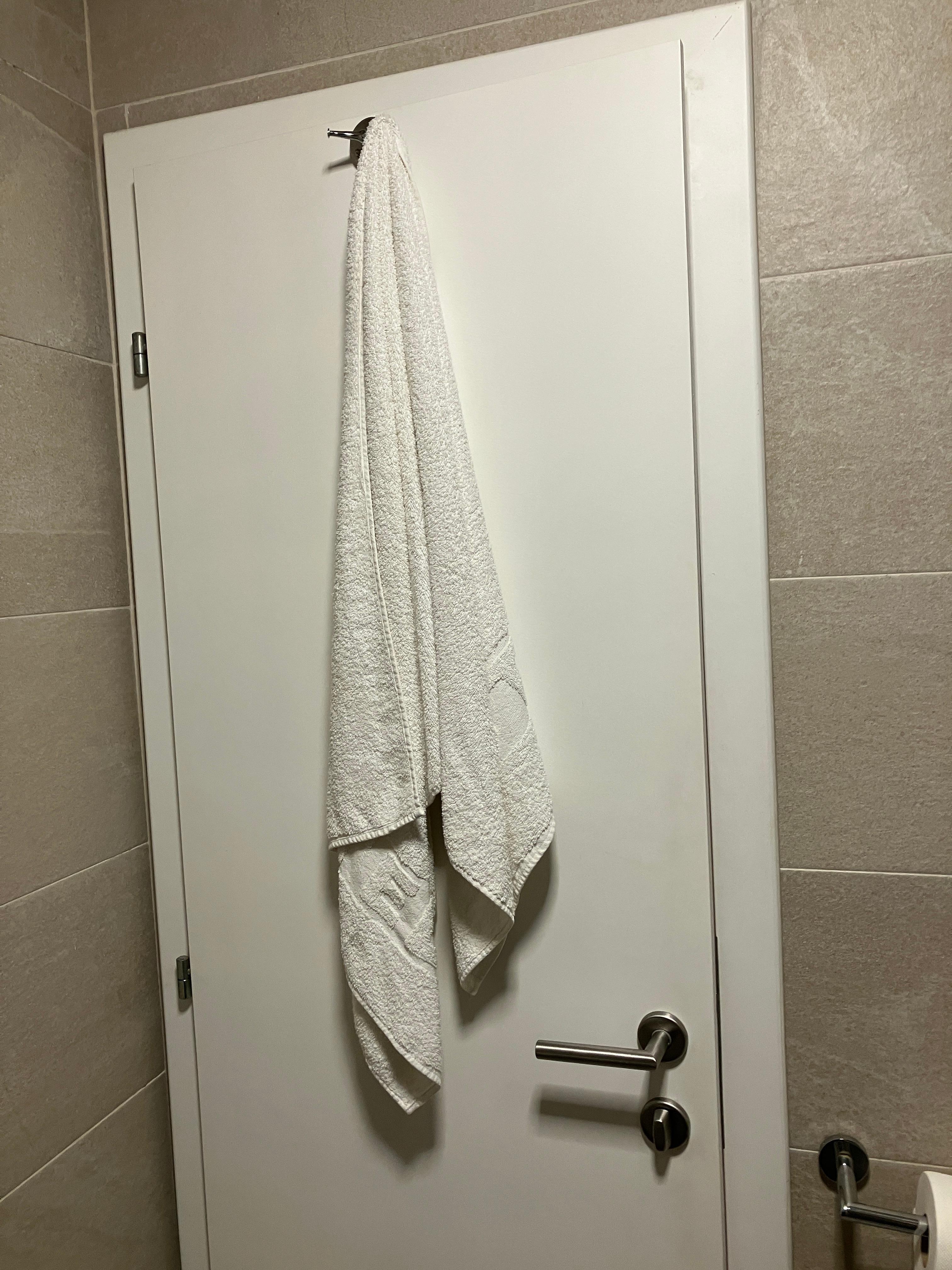The dirty towel (not mine) hung on the back of my bathroom door