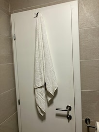 The dirty towel (not mine) hung on the back of my bathroom door