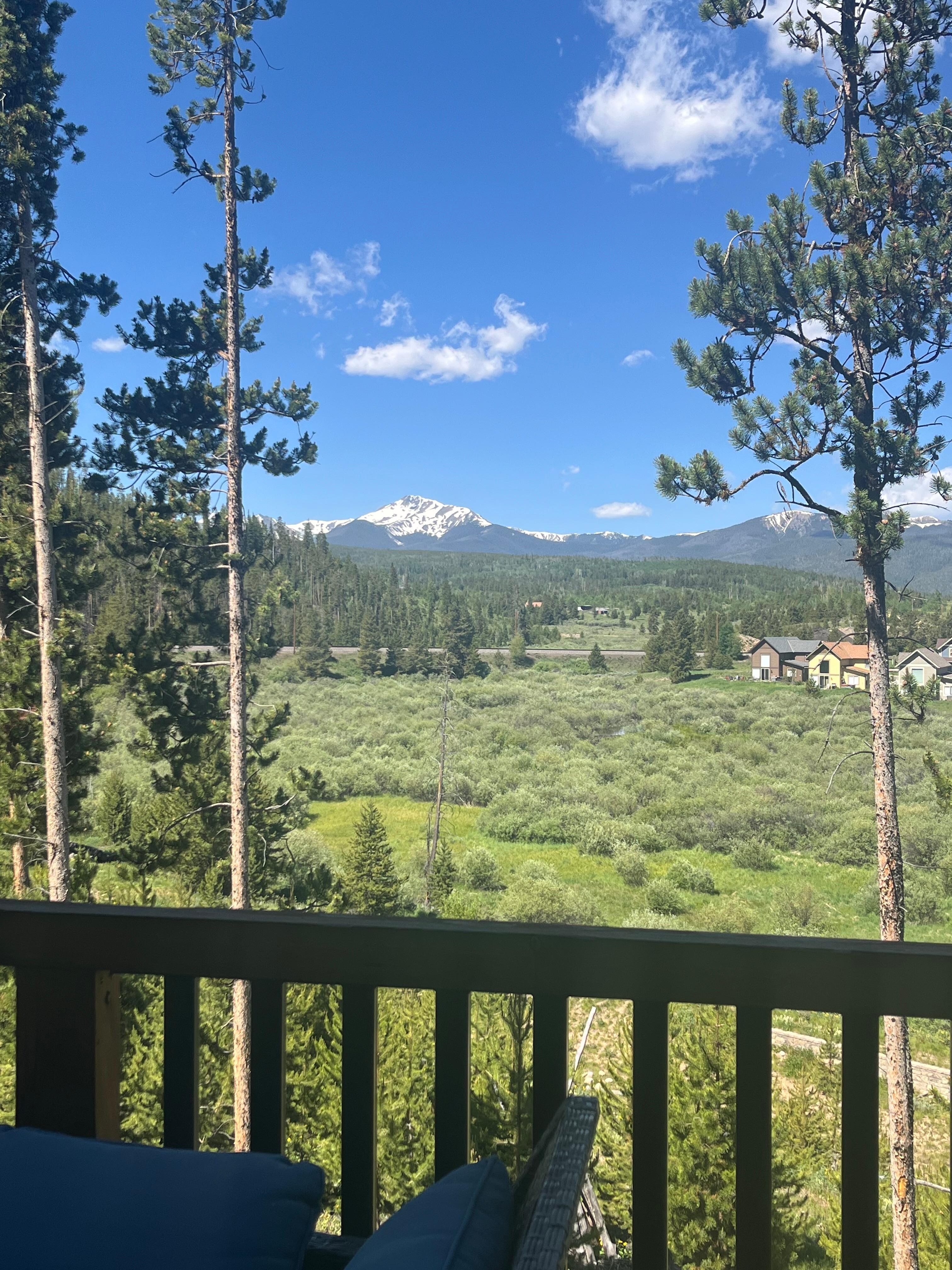  snow capped mountains view from patio.