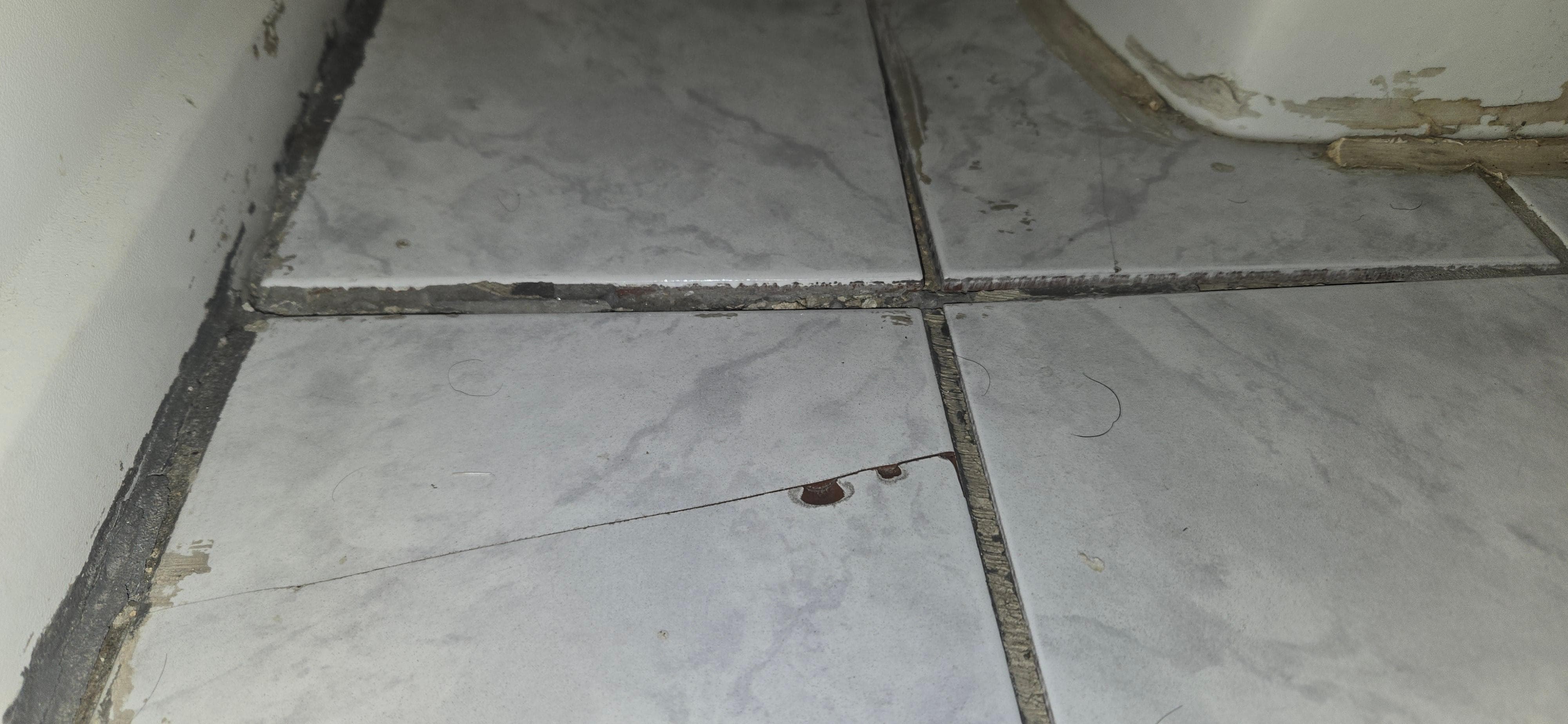 Broken, loose and filthy bathroom floor tiles