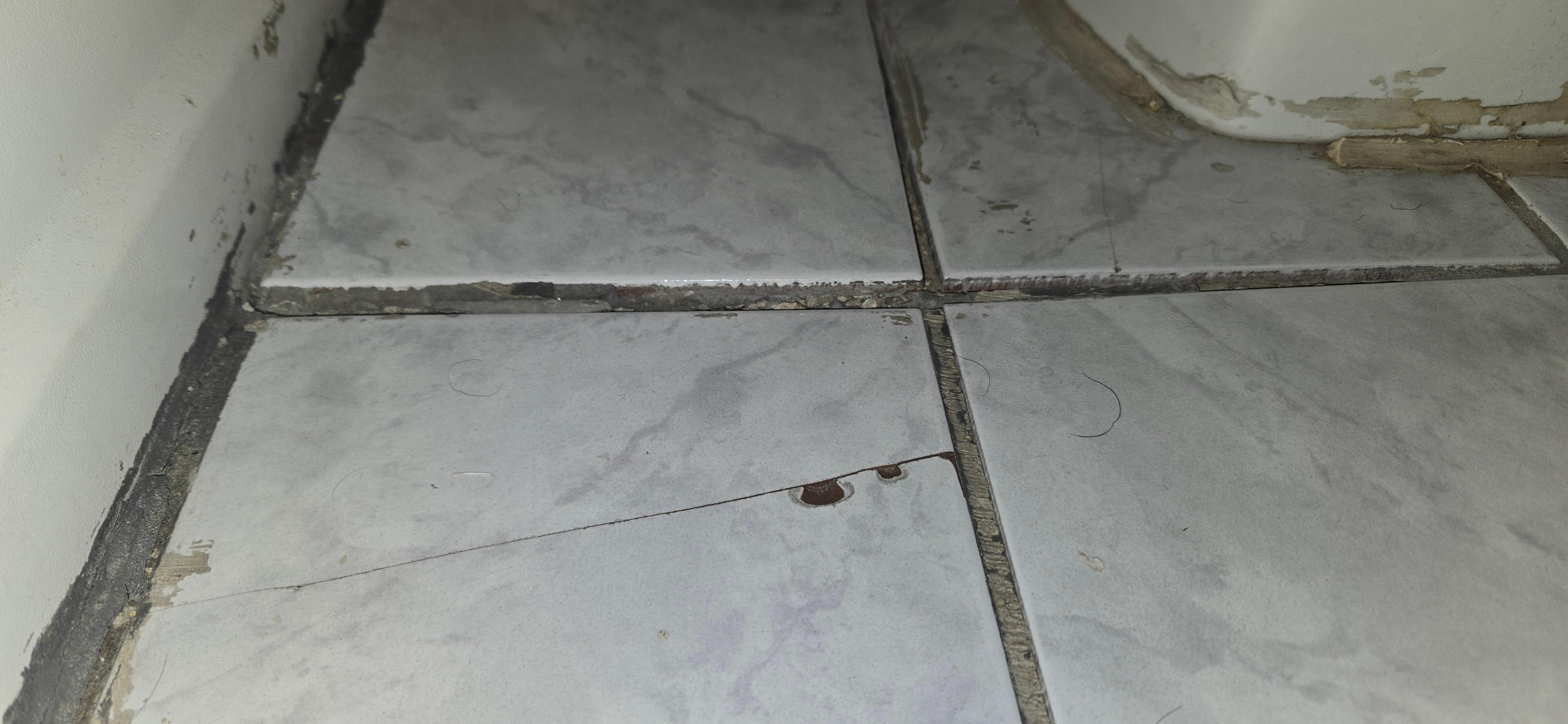 Broken, loose and filthy bathroom floor tiles
