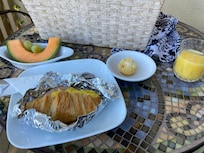 Day 1 breakfast-Croisant with egg, ham, chz, mini muffin, fruit, fresh oj