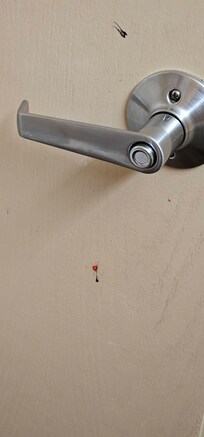 weird red stains all over bathroom walls and door, blood or wax?