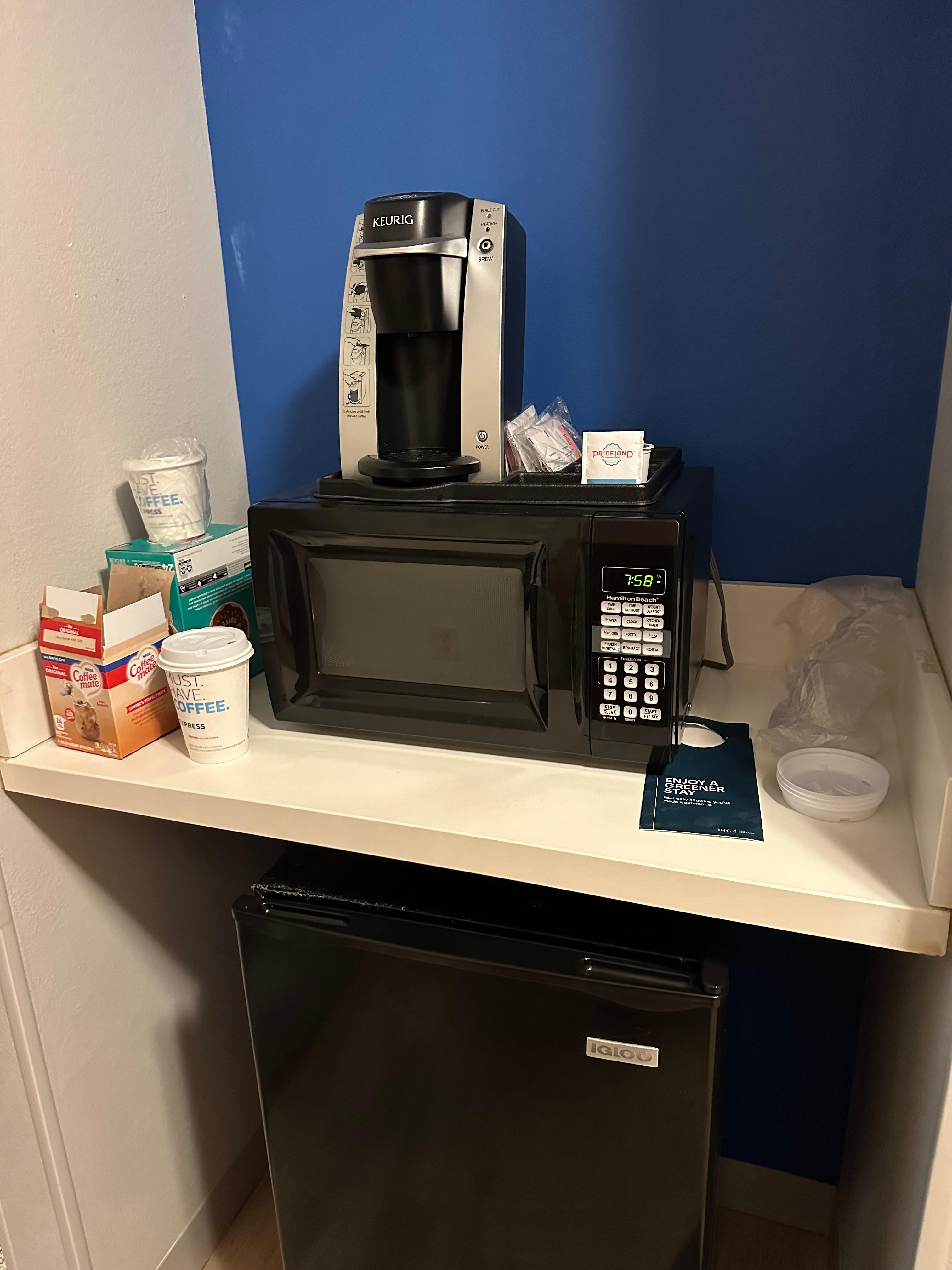 Microwave and Keurig coffee maker 