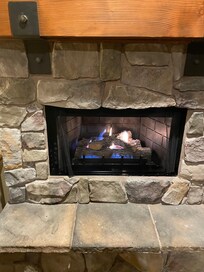 Cozy fireplace on a snowy day