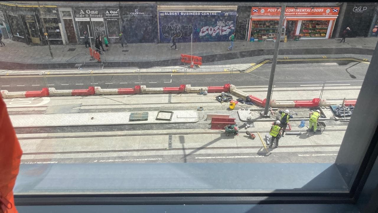 tube construction in front of the building