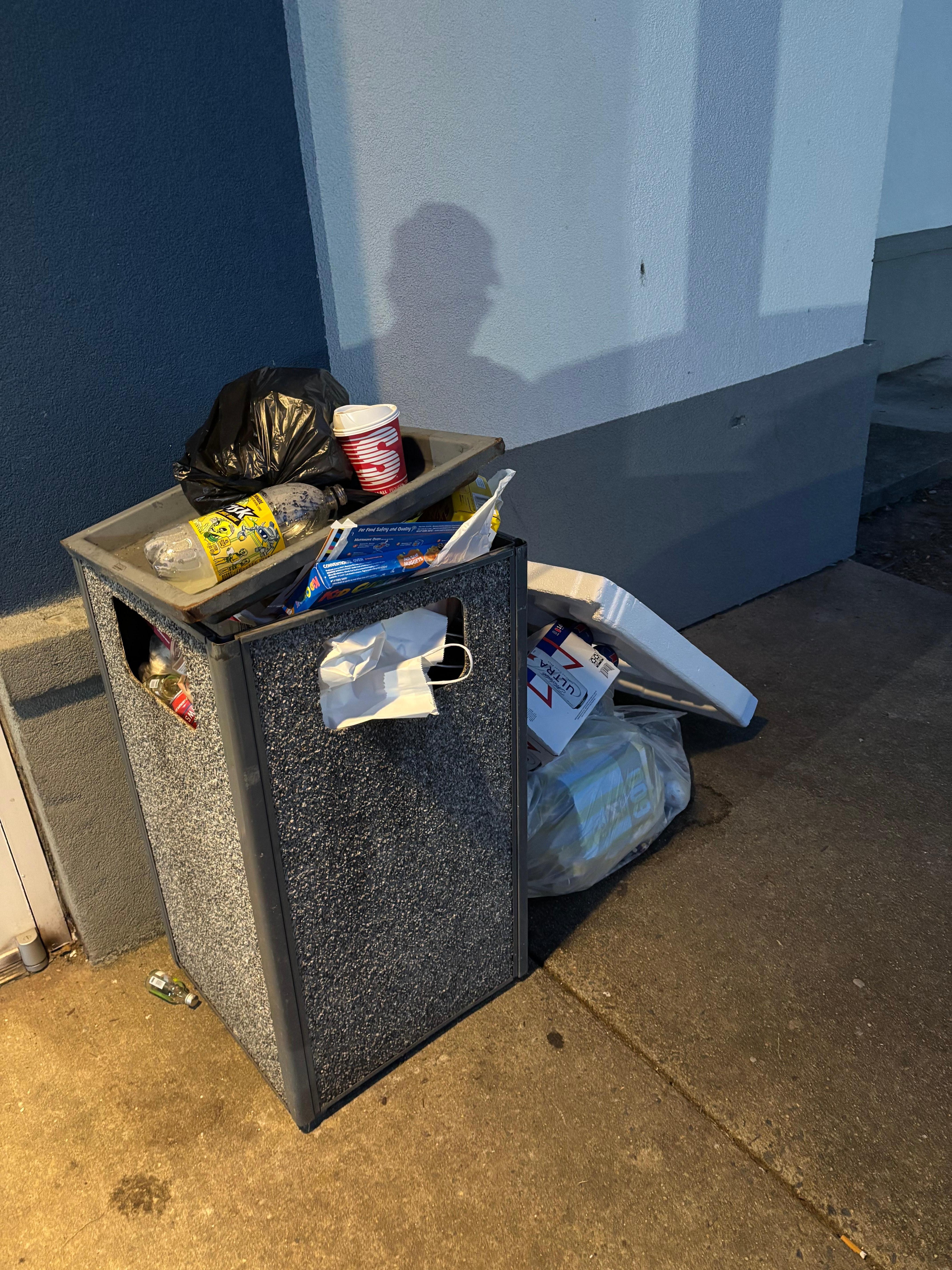 All trash cans are probably full when I arrive although they were emptying them this morning