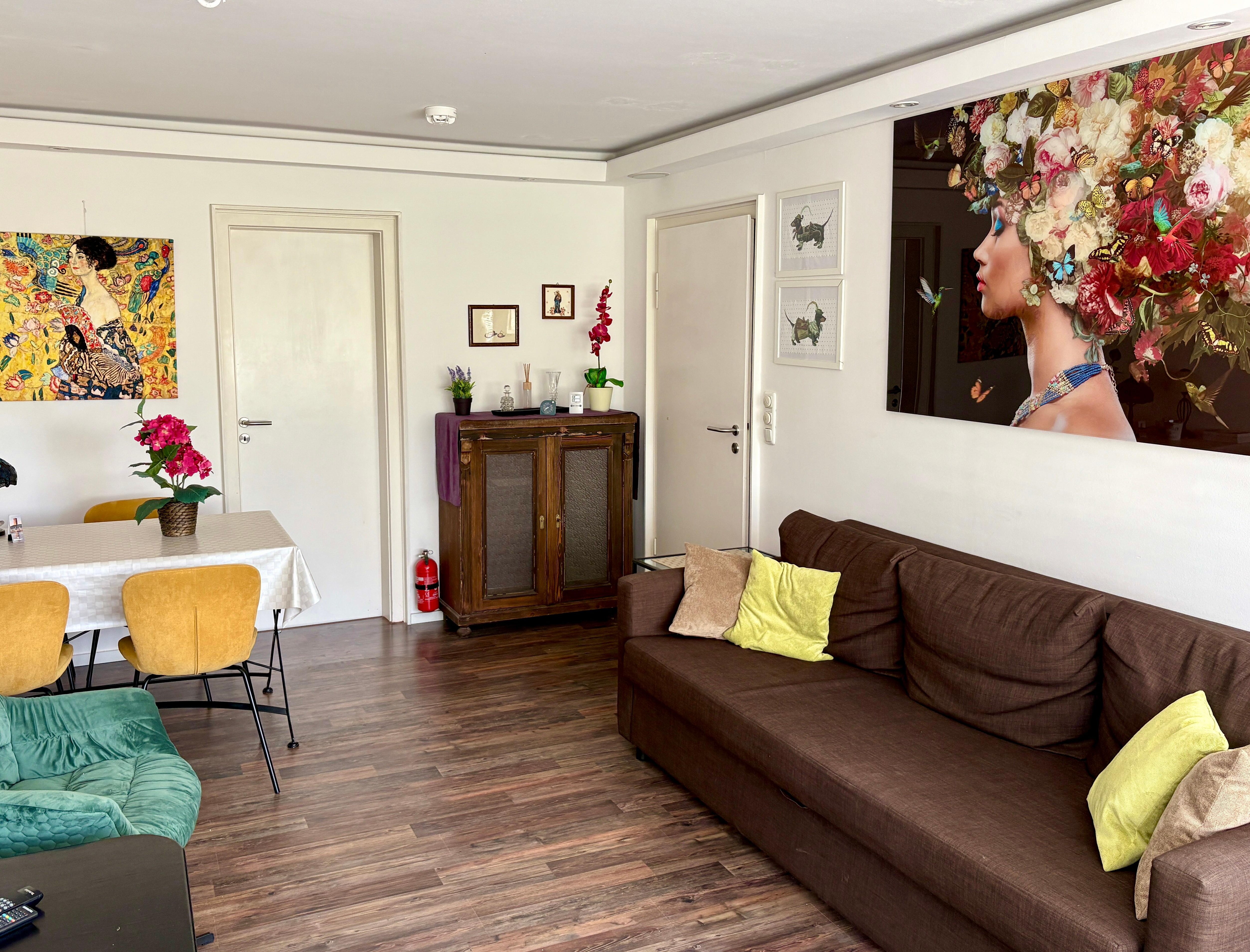 the living room. It’s a one-bed place, but you can comfortablly fit two solo travelers if someone doesn’t mind the couch.